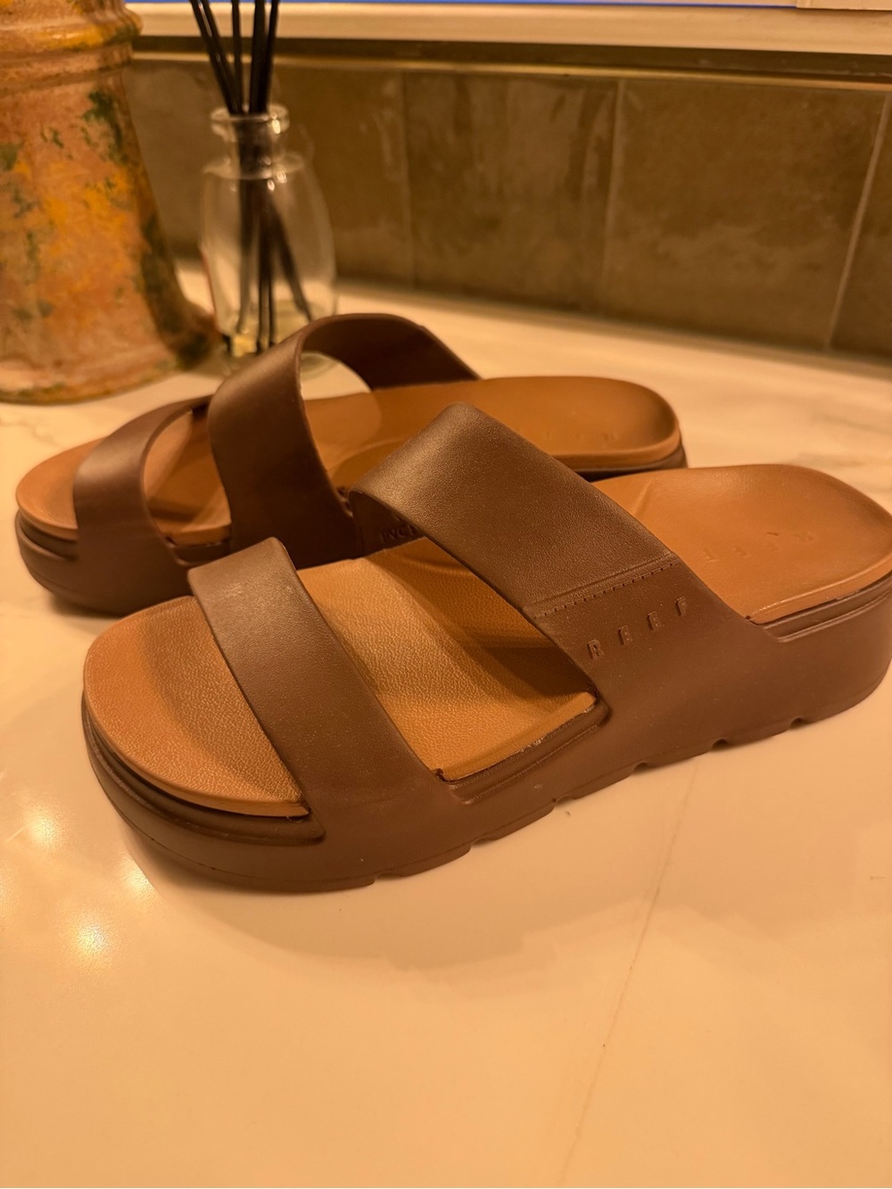 Reef Cali Solana Double-Strap Slide Sandals, Chocolate, W size 7